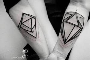 Air symbol triangle shape is core with extra line crossing it and little heart type icon overlayed or integrated somehow. Symbols and super fine lines tattoo idea