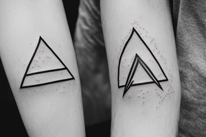 Air symbol triangle shape is core with extra line crossing it and little heart type icon overlayed or integrated somehow. Symbols and super fine lines tattoo idea