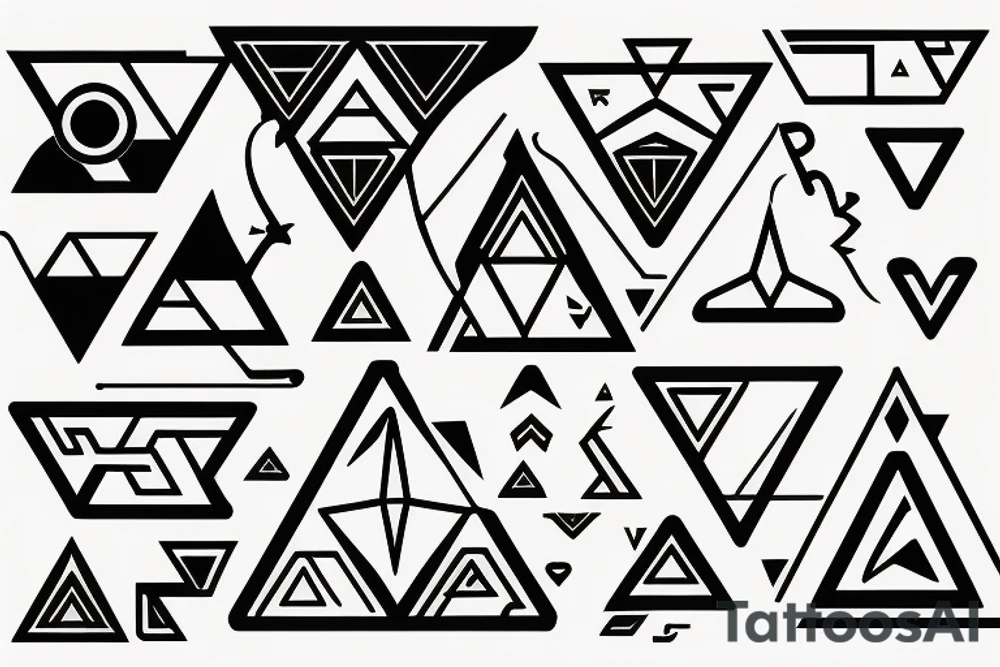 Air symbol triangle shape is core with extra line crossing it and little heart type icon overlayed or integrated somehow. Symbols and super fine lines tattoo idea