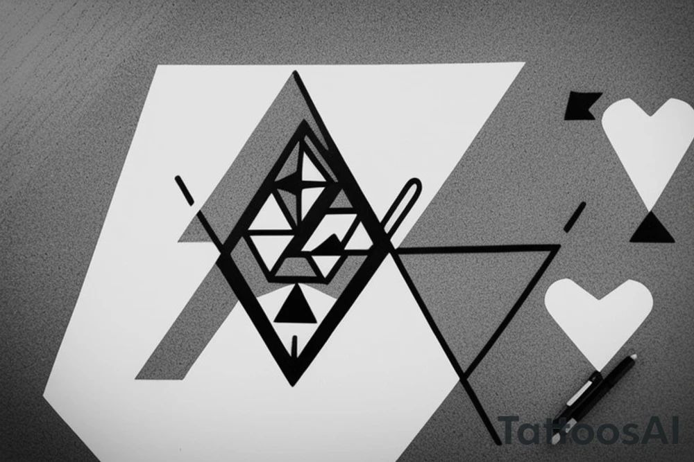 Air symbol triangle shape is core with extra line crossing it and little heart type icon overlayed or integrated somehow. Symbols and super fine lines tattoo idea
