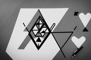 Air symbol triangle shape is core with extra line crossing it and little heart type icon overlayed or integrated somehow. Symbols and super fine lines tattoo idea