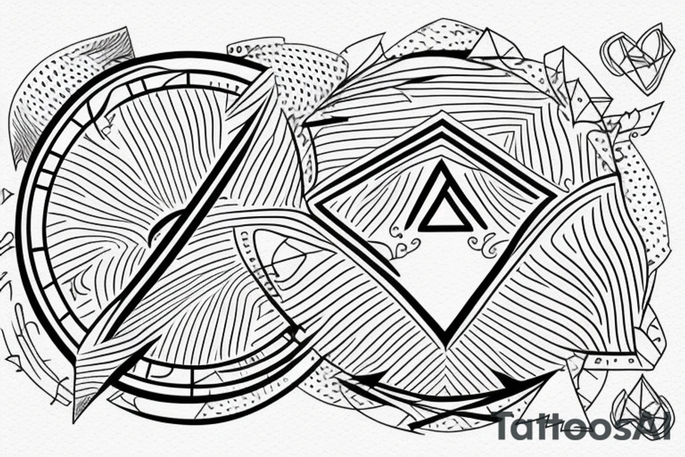 Air symbol triangle shape is core with extra line crossing it and little heart type icon overlayed or integrated somehow. Symbols and super fine lines tattoo idea