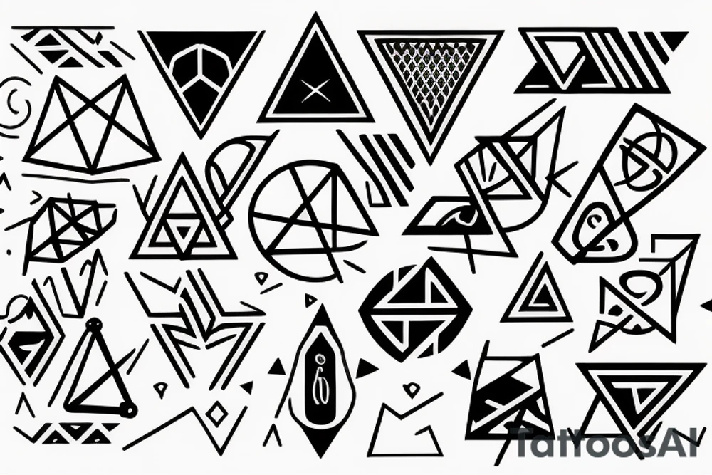 Air symbol triangle shape is core with extra line crossing it and little heart type icon overlayed or integrated somehow. Symbols and super fine lines tattoo idea
