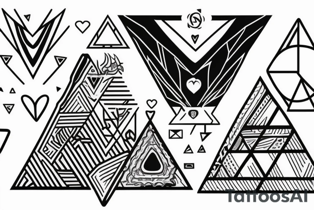 Air symbol triangle shape is core with extra line crossing it and little heart type icon overlayed or integrated somehow. Symbols and super fine lines tattoo idea