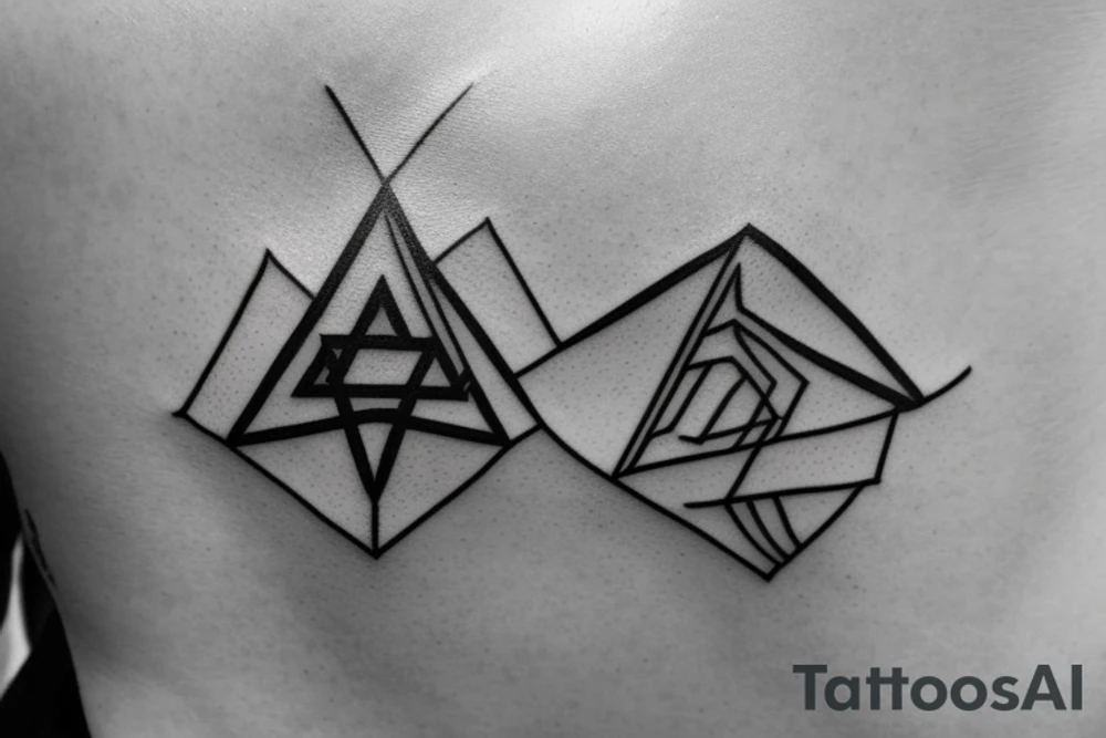Air symbol triangle shape is core with extra line crossing it and little heart type icon overlayed or integrated somehow. Symbols and super fine lines tattoo idea