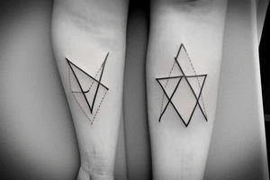 Triangle with two parallel lines crossing it parallel to the base with a small heart connected to one of the lines. Small. Simple tattoo idea