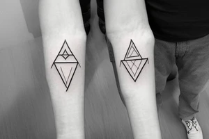 Triangle with two parallel lines crossing it parallel to the base with a small heart connected to one of the lines. Small. Simple minimalist tattoo idea