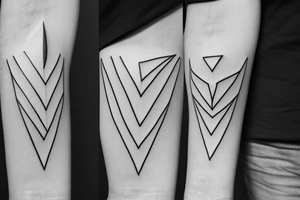 Triangle with two parallel lines crossing it parallel to the base with a small heart connected to one of the lines. Small. Simple minimalist tattoo idea