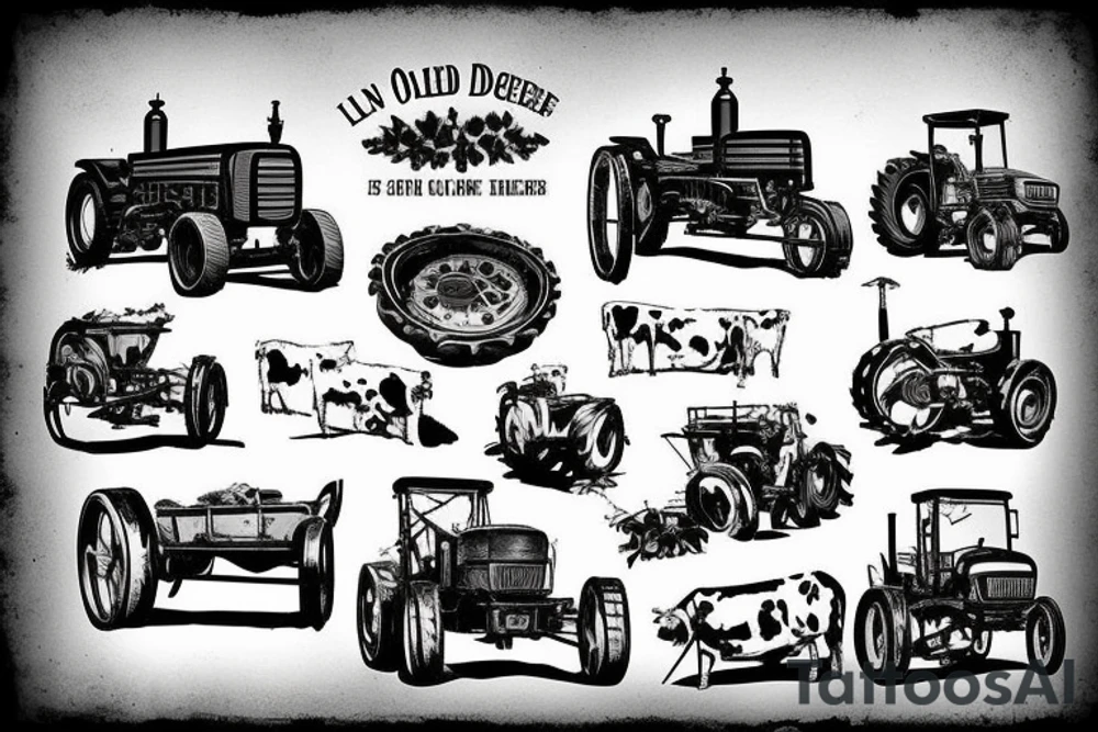 old john deere tractors working with an old barn and cows tattoo idea