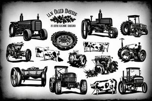 old john deere tractors working with an old barn and cows tattoo idea
