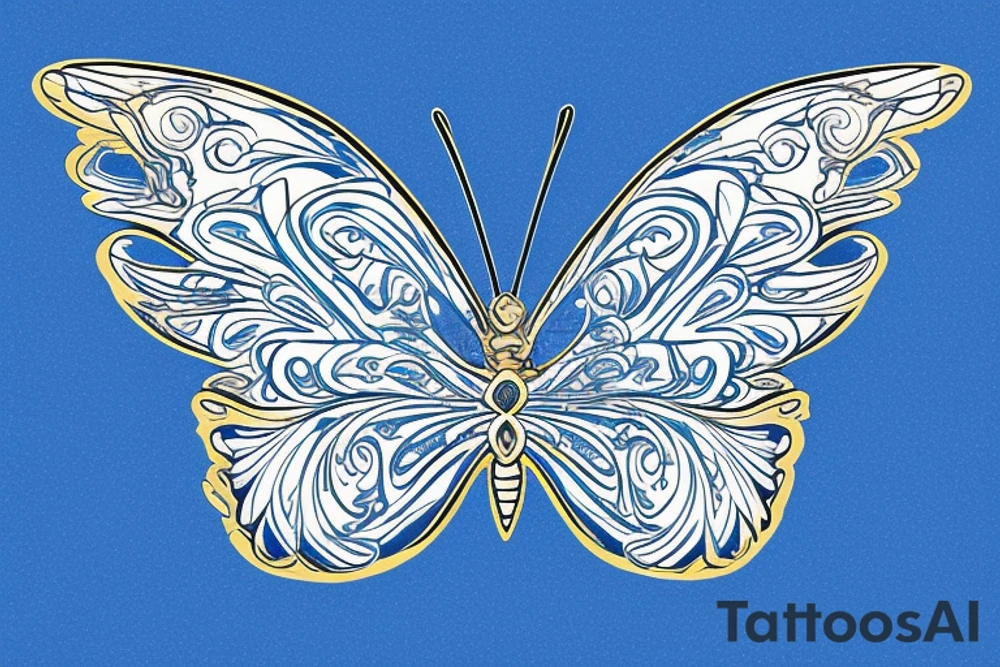 Butterfly with kintsugi wings blue white gold tattoo idea