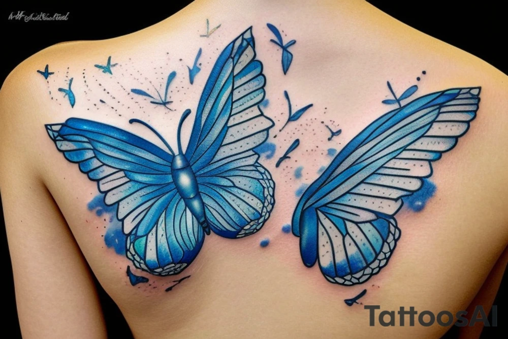 Butterfly with kintsugi wings blue white gold tattoo idea