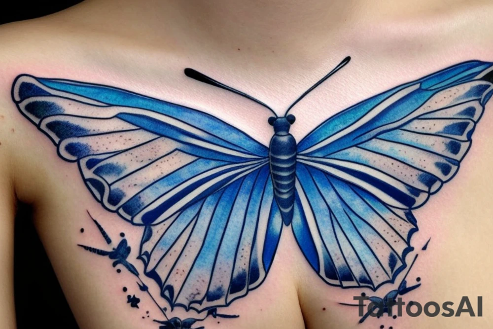 Butterfly with kintsugi wings blue white gold tattoo idea