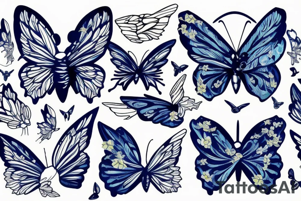 Butterfly with kintsugi wings blue white gold tattoo idea
