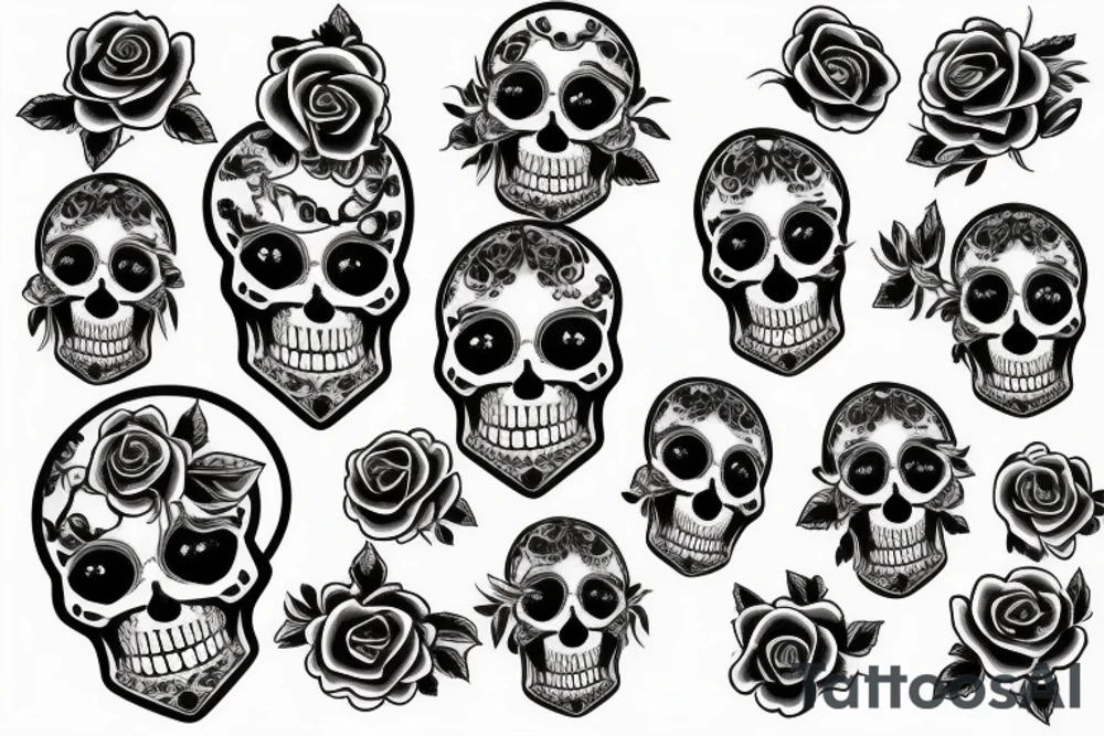 smiling skull with roses seeping in tattoo idea