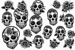 smiling skull with roses seeping in tattoo idea