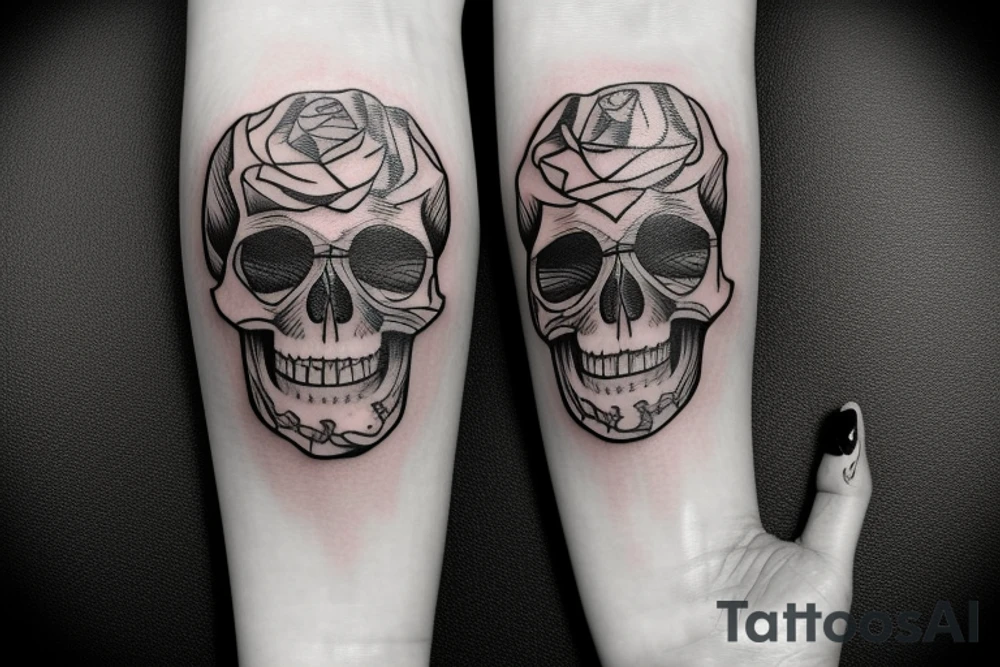 smiling skull with roses seeping in tattoo idea