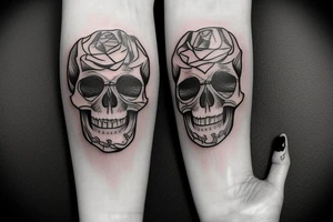 smiling skull with roses seeping in tattoo idea