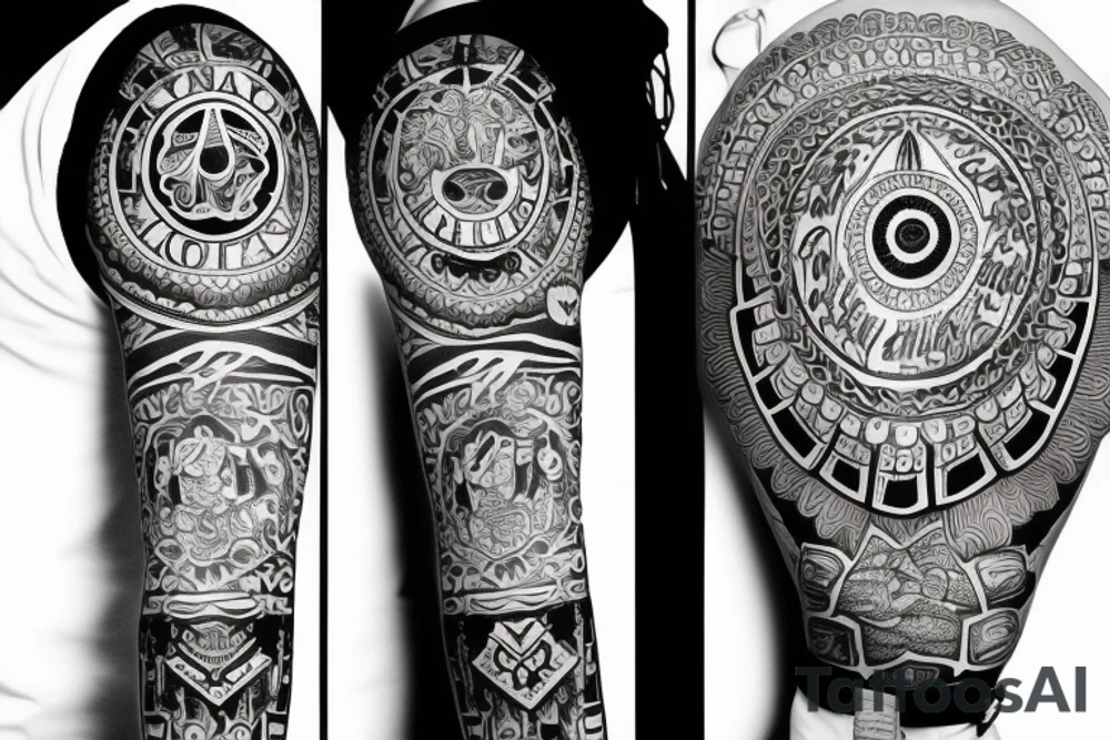 Sleeve with religion, Family, Country, and Block O tattoo idea