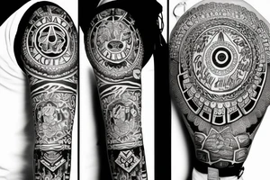 Sleeve with religion, Family, Country, and Block O tattoo idea