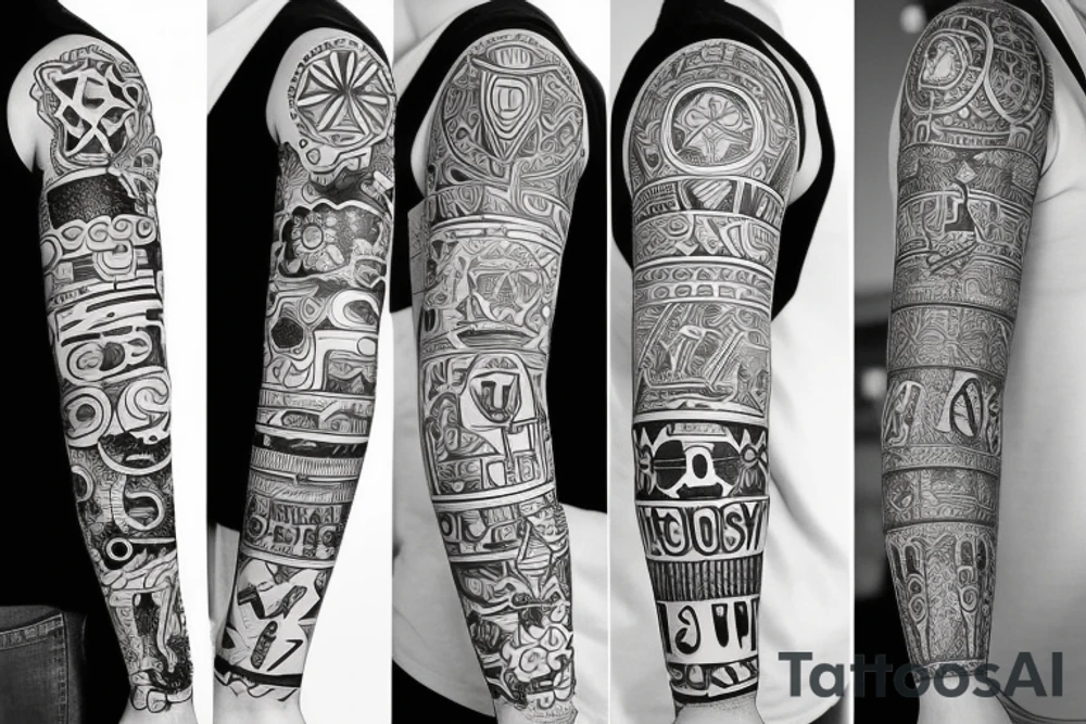 Sleeve with religion, Family, Country, and Block O tattoo idea