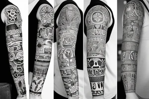 Sleeve with religion, Family, Country, and Block O tattoo idea