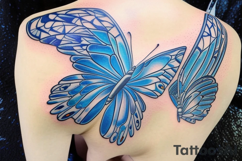Butterfly pottery wings blue white gold tattoo idea