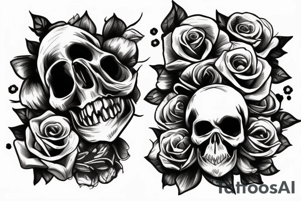 painful skull with roses seeping in tattoo idea