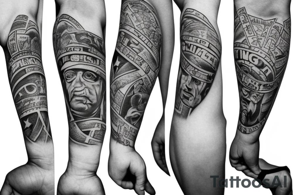 Sleeve with religion, strength, Family, Country, and Ohio State Buckeyes tattoo idea