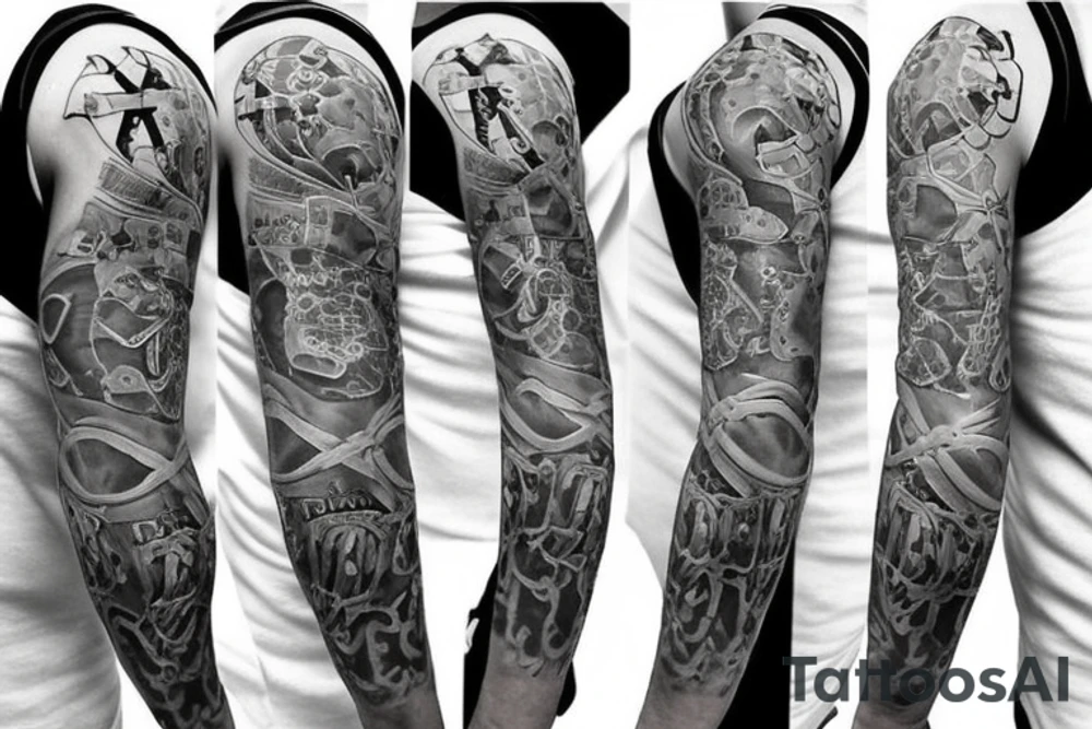 Half sleeve with a cross, guns, family tattoo idea