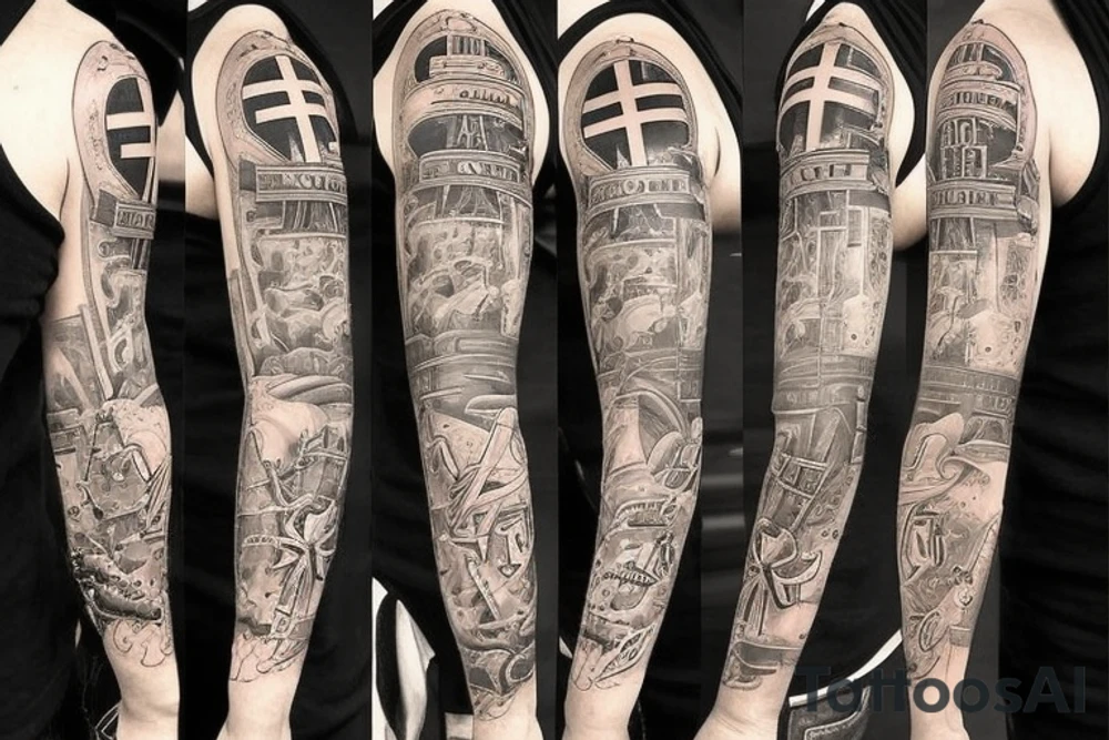 Half sleeve with a cross, guns, family tattoo idea