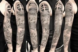 Half sleeve with a cross, guns, family tattoo idea