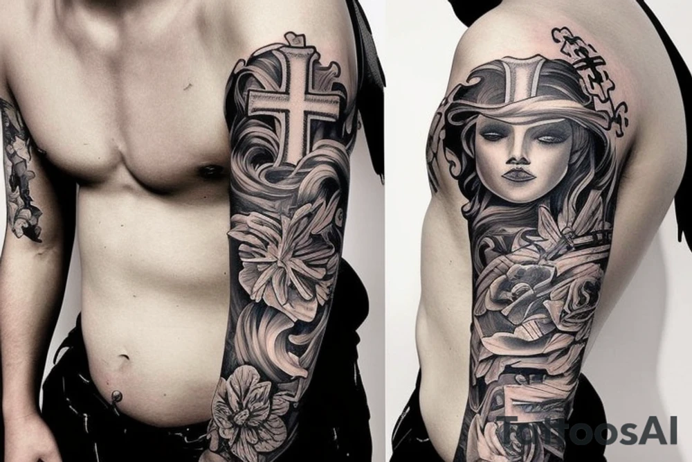 Half sleeve with a cross tattoo idea