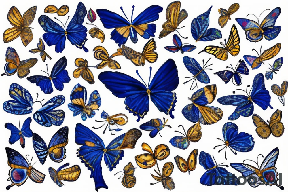 Blue white kintsugi butterfly lined with gold tattoo idea
