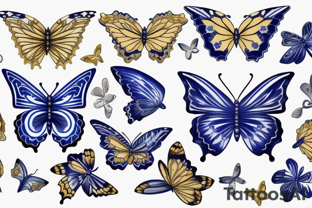 Blue white kintsugi butterfly lined with gold tattoo idea