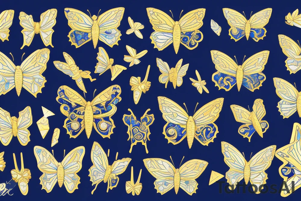 Blue white kintsugi butterfly lined with gold tattoo idea