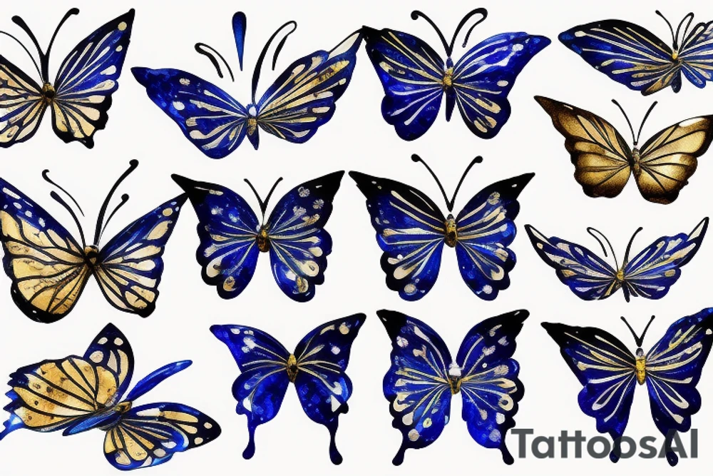 Blue white kintsugi butterfly lined with gold tattoo idea