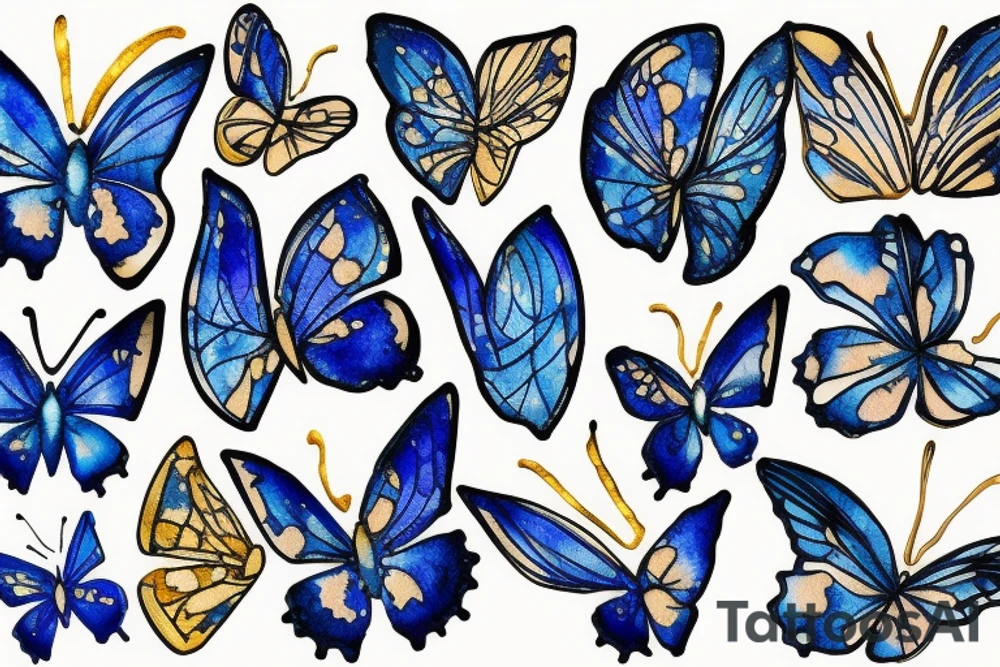 Blue white kintsugi butterfly lined with gold tattoo idea