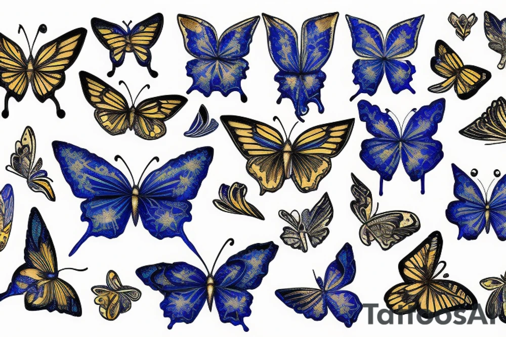 Blue white kintsugi butterfly lined with gold tattoo idea