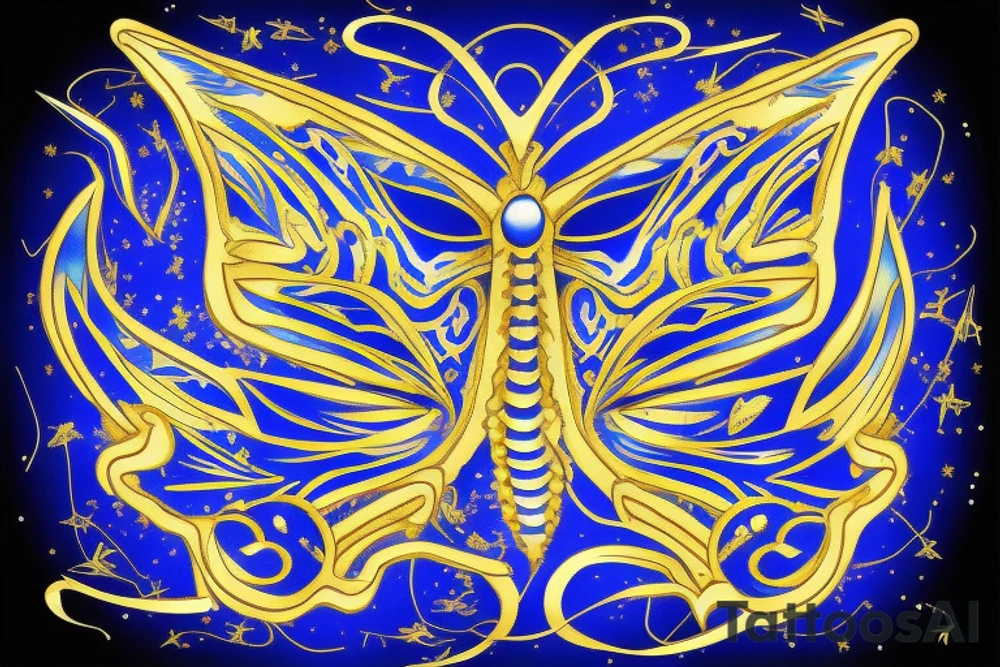 Blue white kintsugi butterfly lined with gold tattoo idea