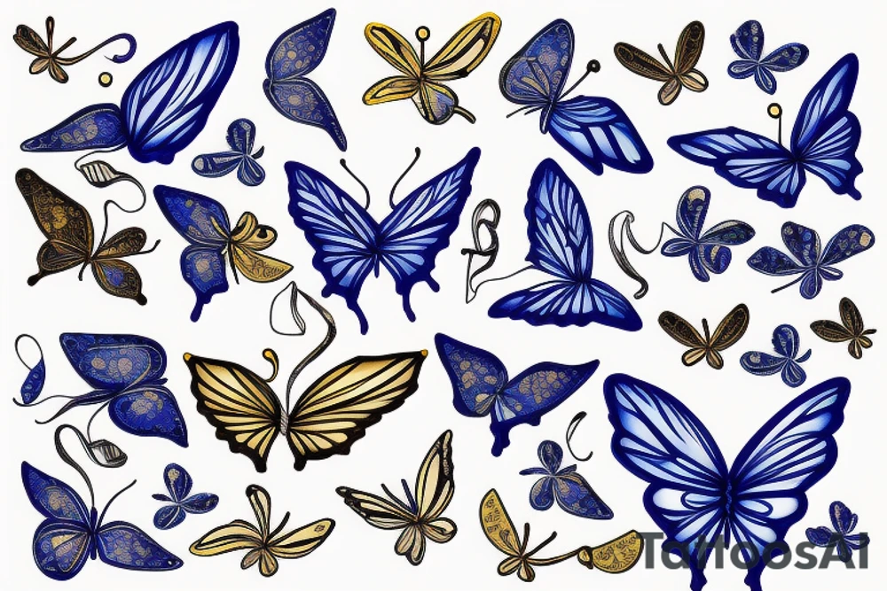 Blue white kintsugi butterfly lined with gold tattoo idea