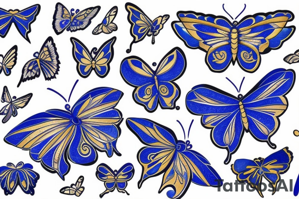 Blue white kintsugi butterfly lined with gold tattoo idea Blue white kintsugi butterfly lined with gold tattoo idea