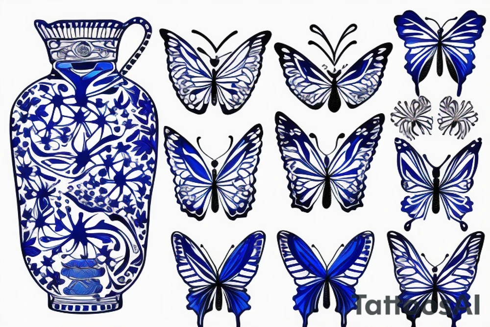 Vase butterfly blue white kintsugi tattoo idea