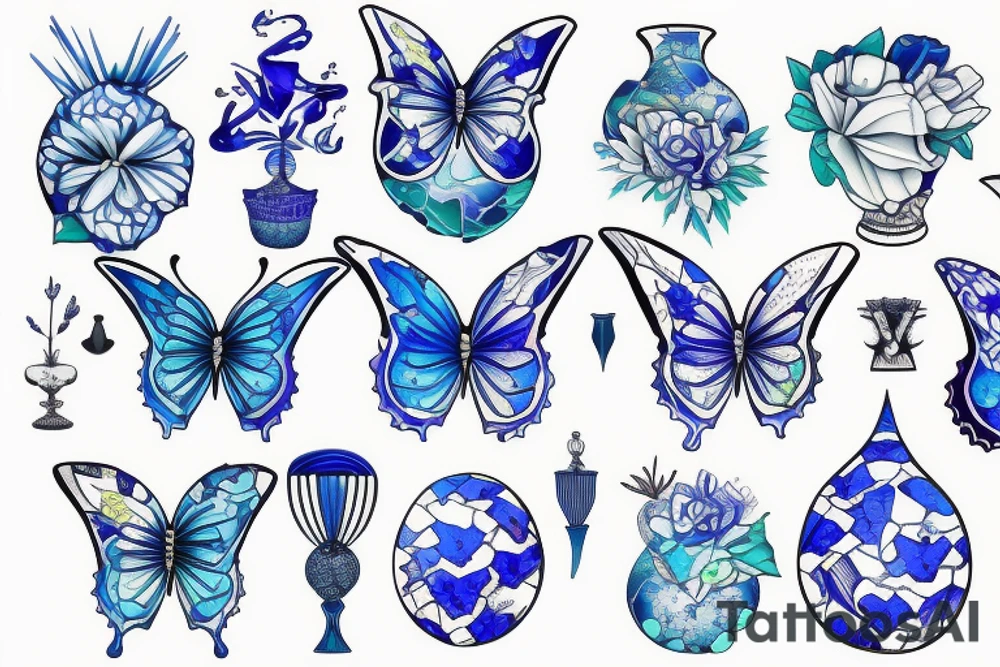 Vase butterfly blue white kintsugi tattoo idea