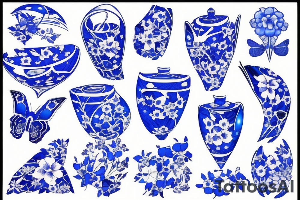 Vase butterfly blue white kintsugi tattoo idea