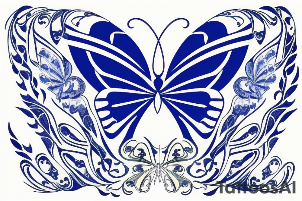 Butterfly ming vase broken wing blue white gold tattoo idea