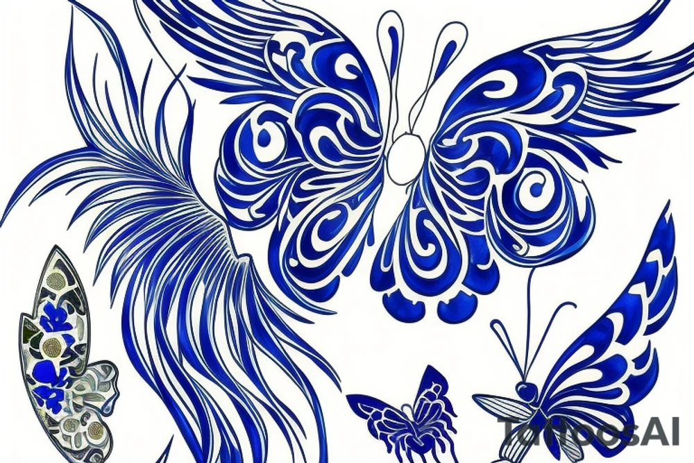 Butterfly ming vase broken wing blue white gold tattoo idea