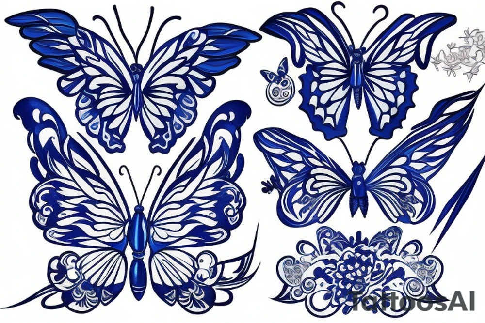 Butterfly ming vase broken wing blue white gold tattoo idea