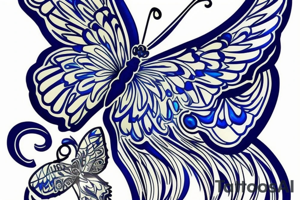 Butterfly ming vase broken wing blue white gold tattoo idea