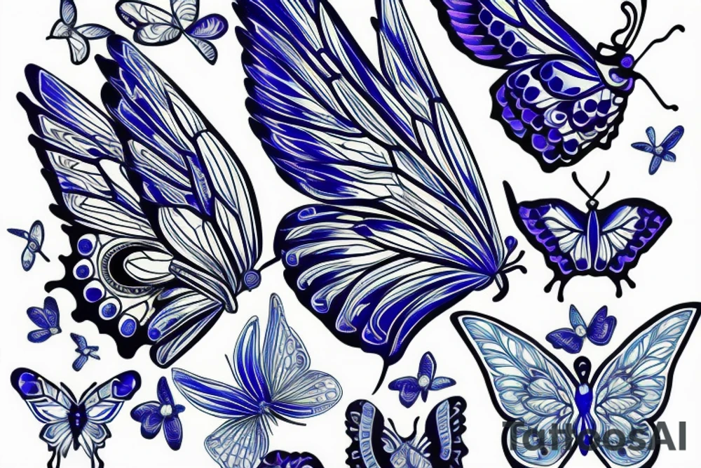 Butterfly ming vase broken wing blue white gold tattoo idea